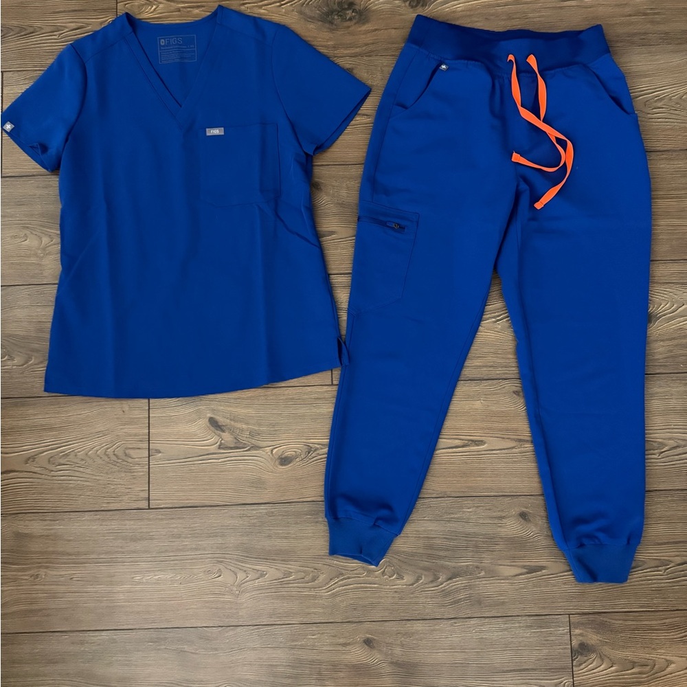Figs Blue Scrub Set with Orange Accents